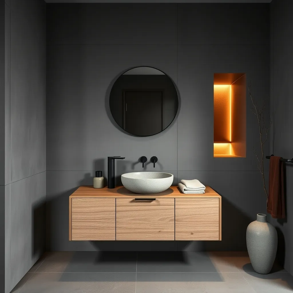 Baño de microcemento gris cálido con vanitory de roble flotante y nicho iluminado