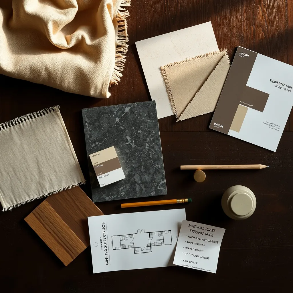 Muestras de telas, maderas, piedras y colores sobre una mesa, junto a un plano en papel